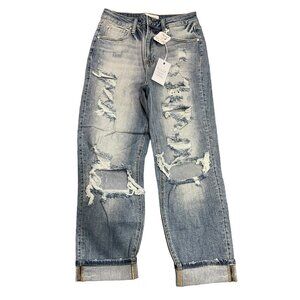 Risen Medium Blue High Rise Girl Friend‎ Capri Jeans